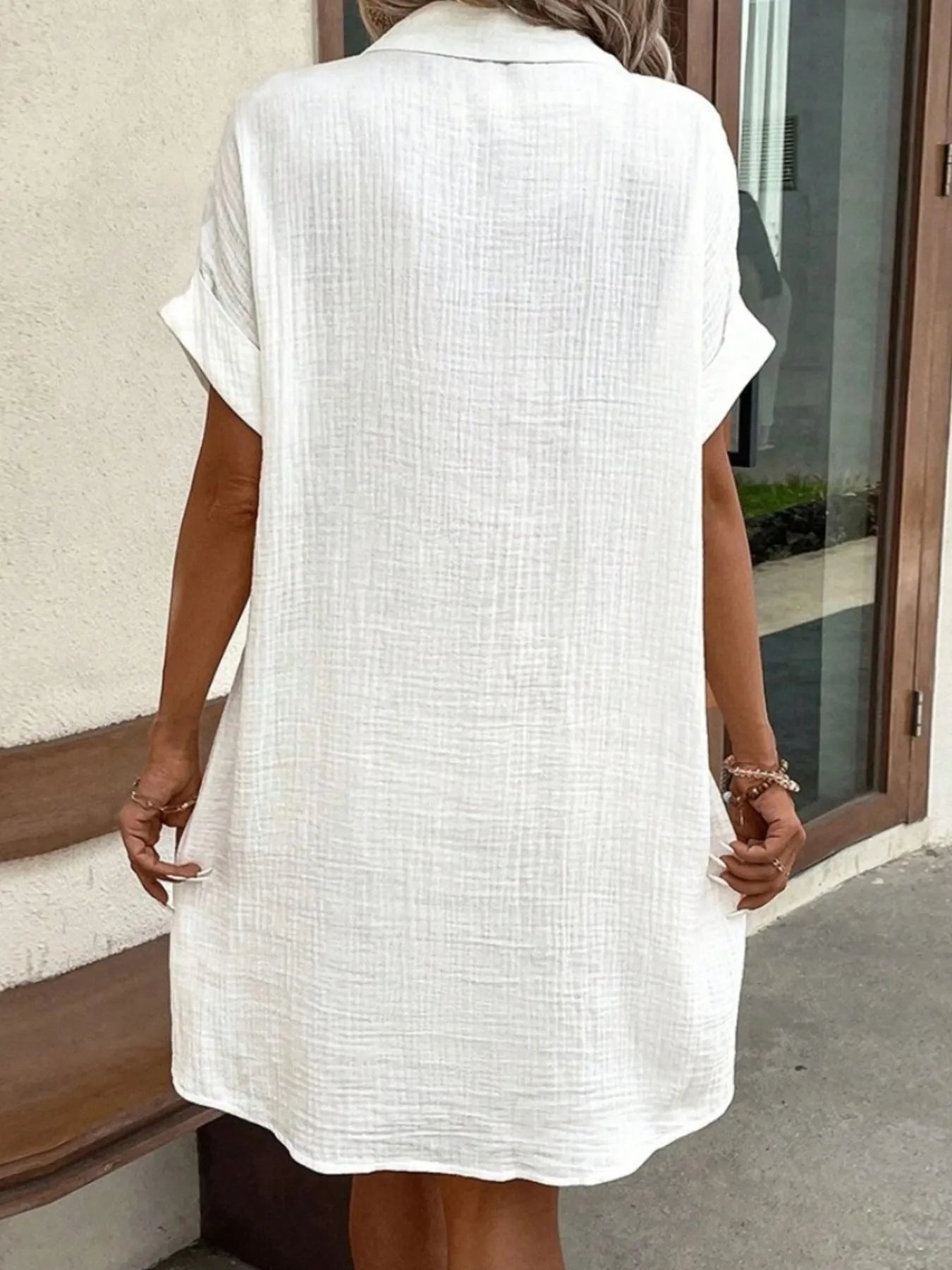 Casual Button Down Cotton Shirt Dress with Pockets