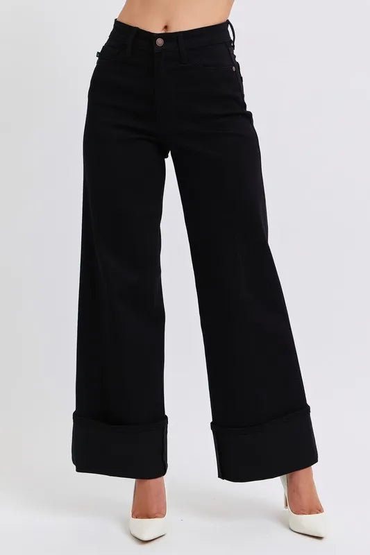 Judy Blue Full Size High Waist Reto Wide Leg W/ Cuff Plus Size BK