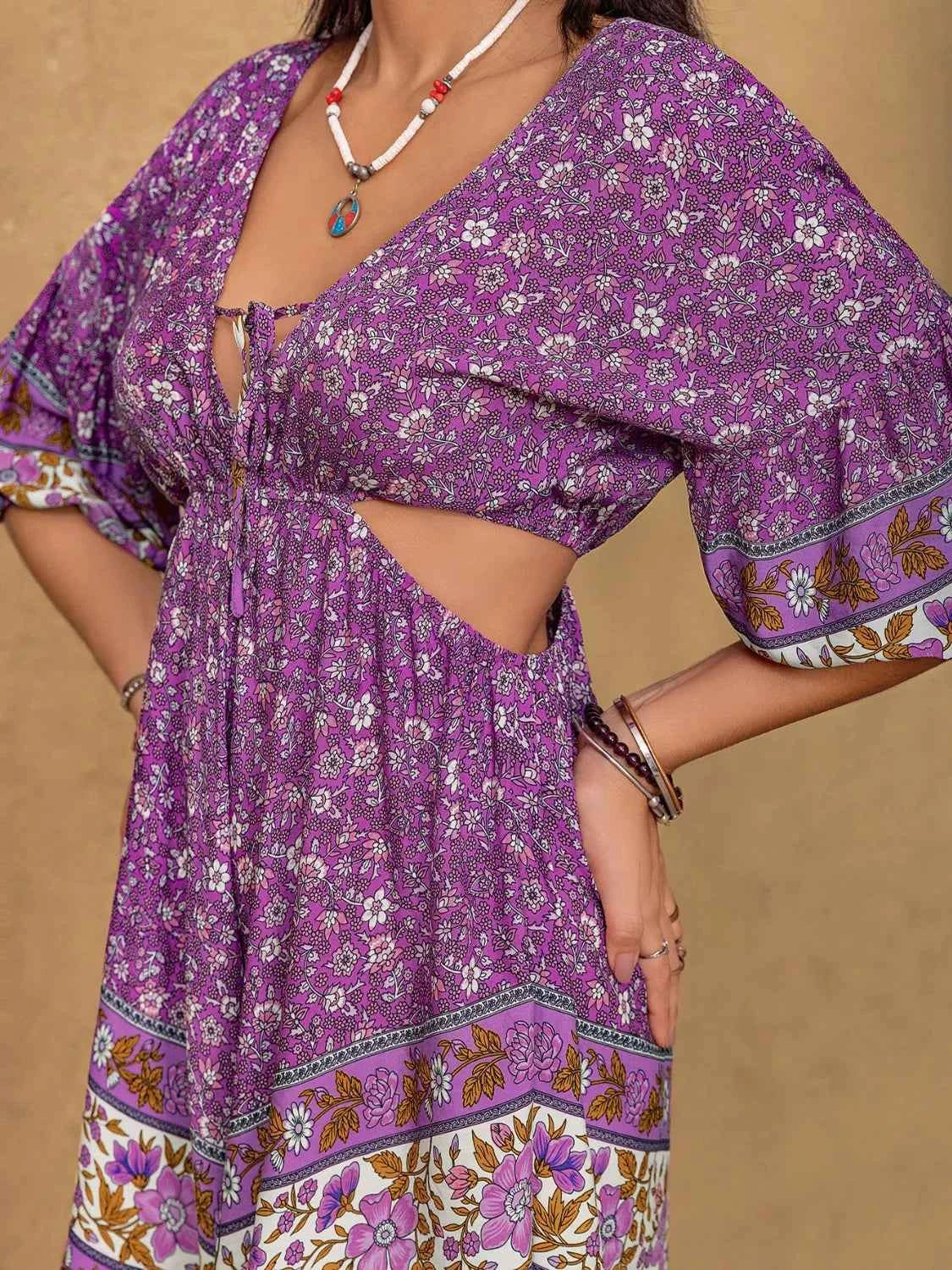 Tied Front Cutout Printed Romper