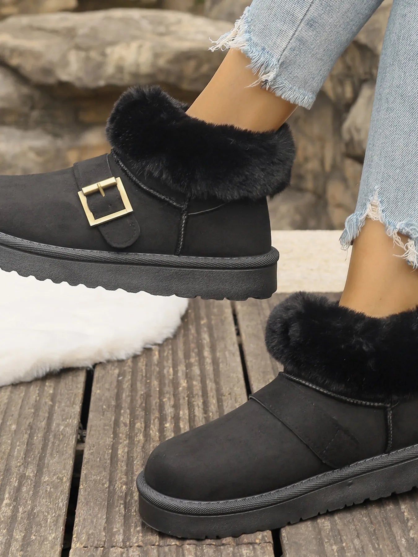 Fur-Lined Buckle Winter Ankle Boots