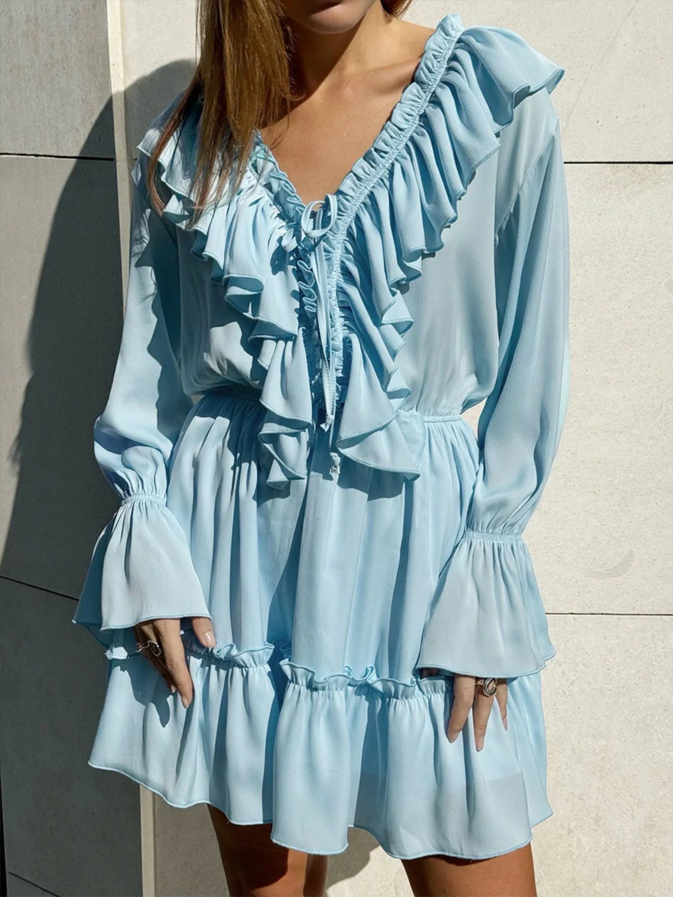 Ruffle Flounce Sleeve Mini Dress Blue
