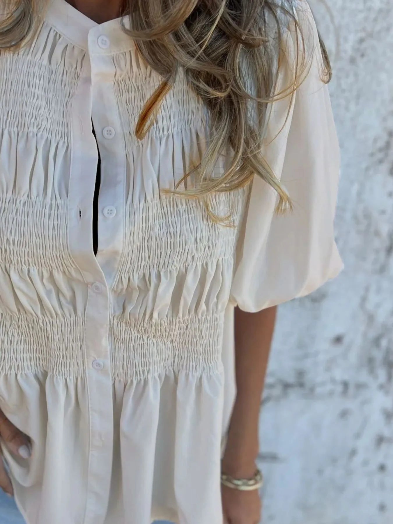 Full Size Smocked Button Front Puff Sleeve Shirt Plus Size