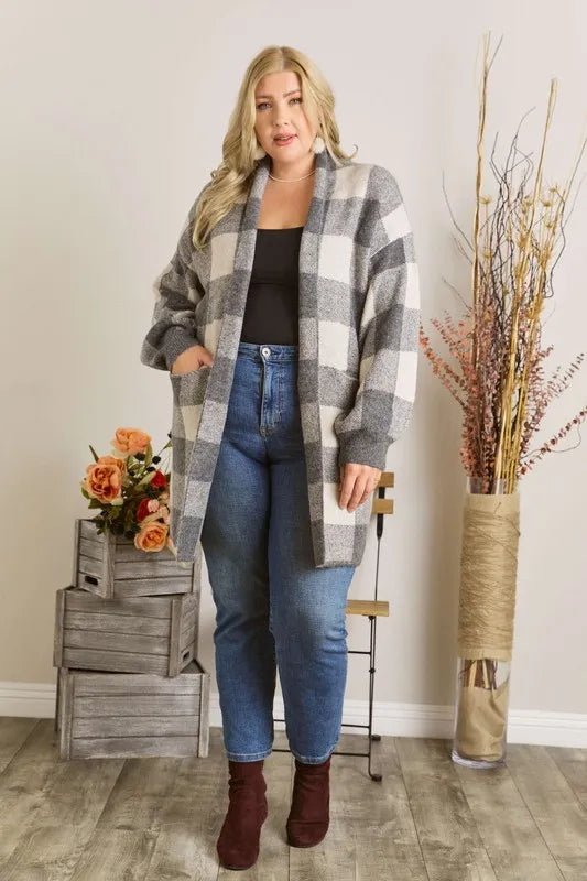 ADORA Full Size Checker Sweater Cardigan Plus Size