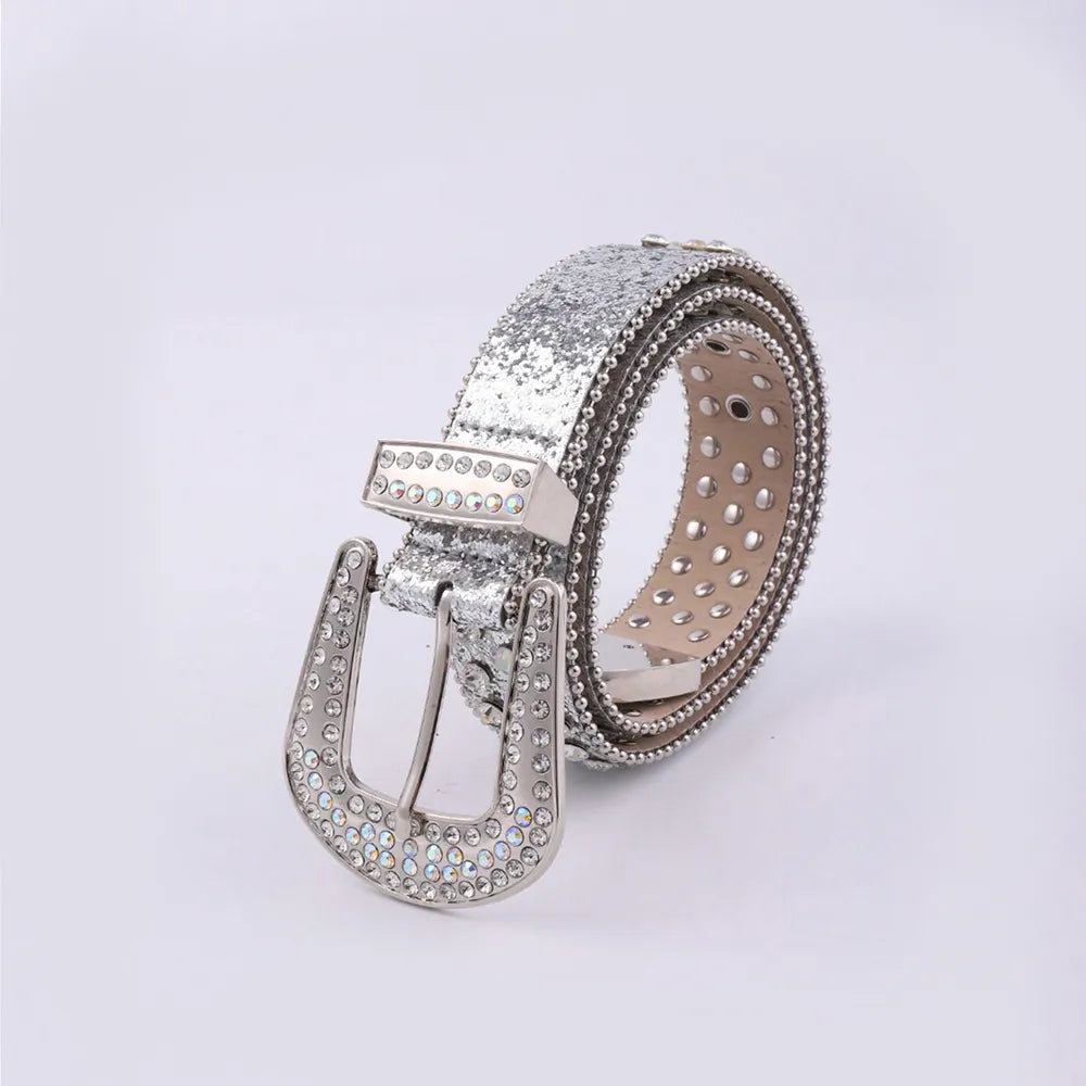 PU Leather Rhinestone Belt Silver