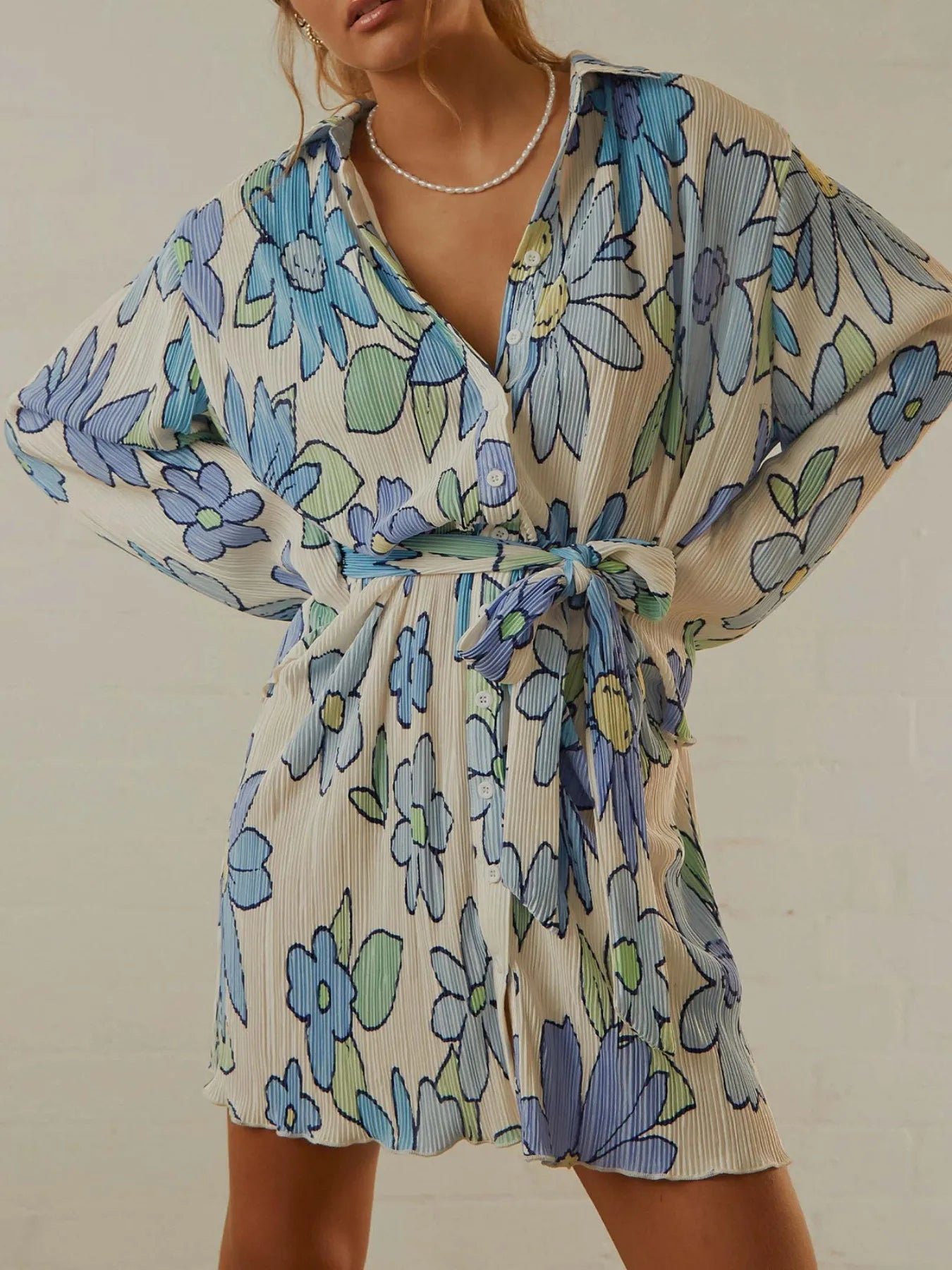 Printed Long Sleeve Mini Dress Light Blue