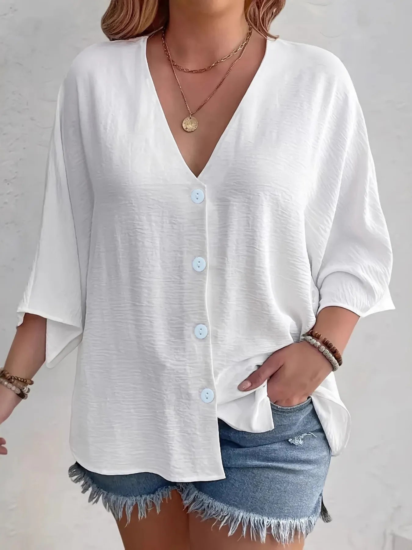 Full Size V-Neck Button Down Shirt Plus Size White