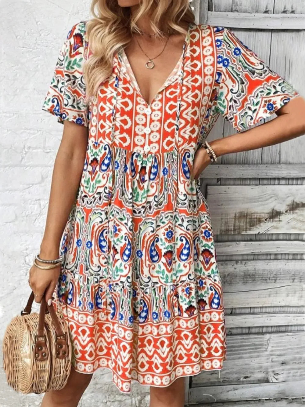 Printed Tie Neck Short Sleeve Dress Sherbet
