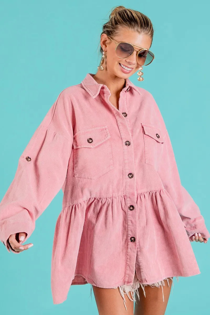 BiBi Corduroy Ruffle Peplum Button Up Shirt