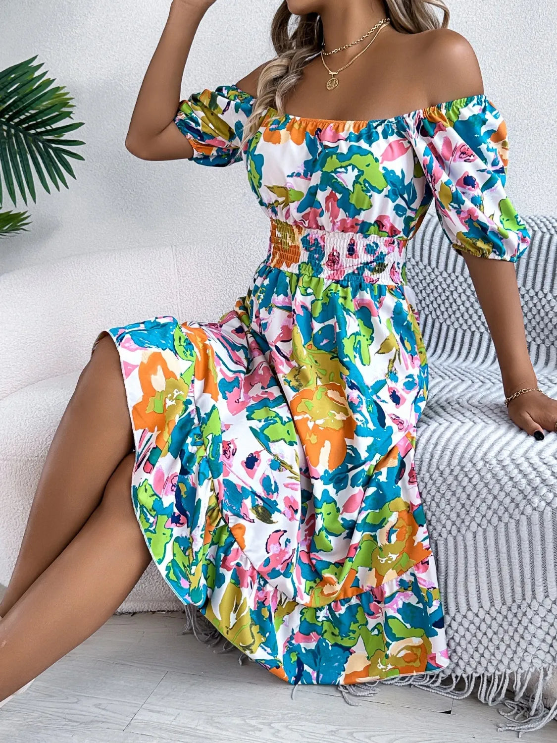 Ruffled Hem Smocked Floral Short Sleeve Midi Dress Green