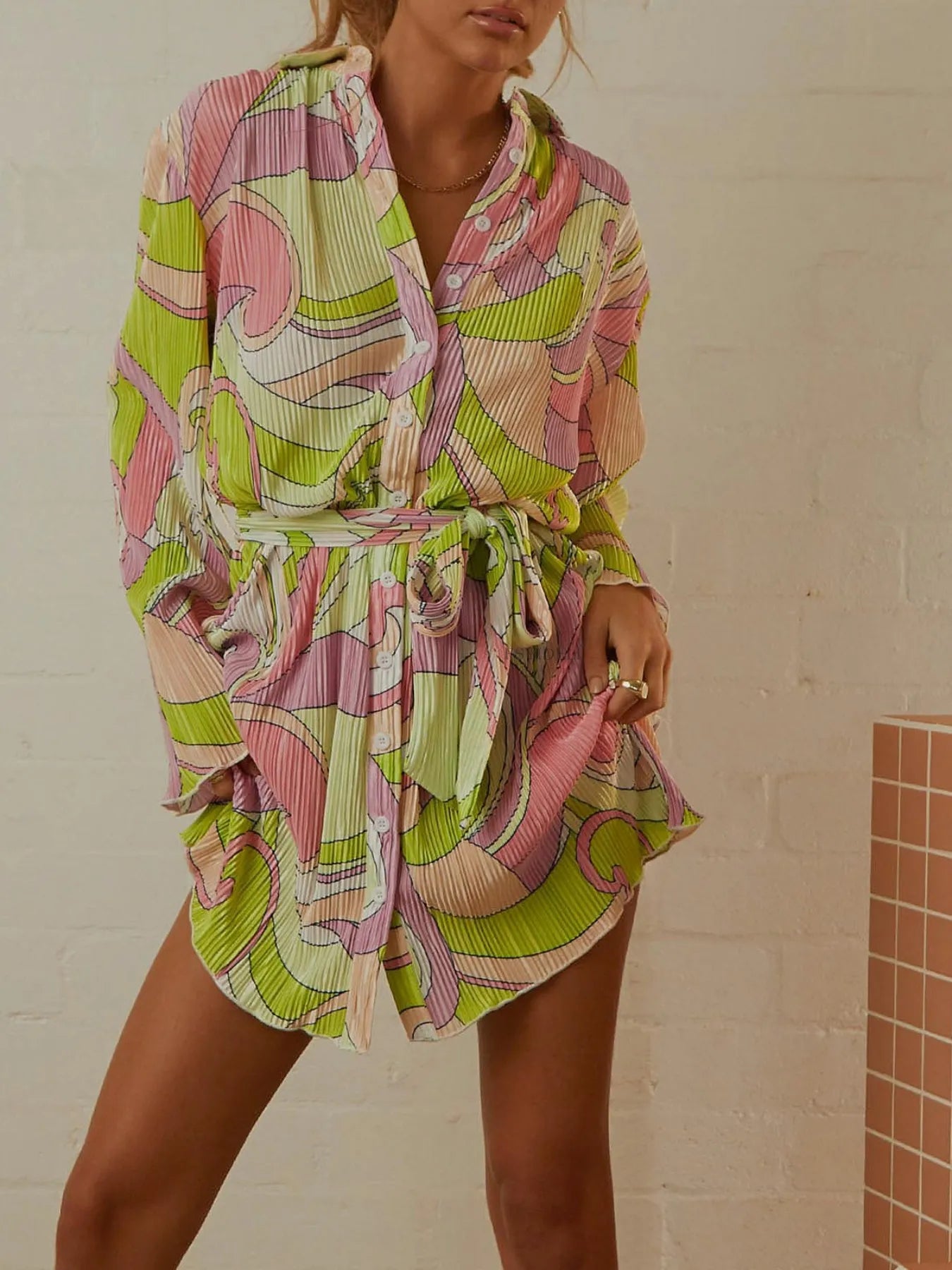 Printed Long Sleeve Mini Dress Multicolor