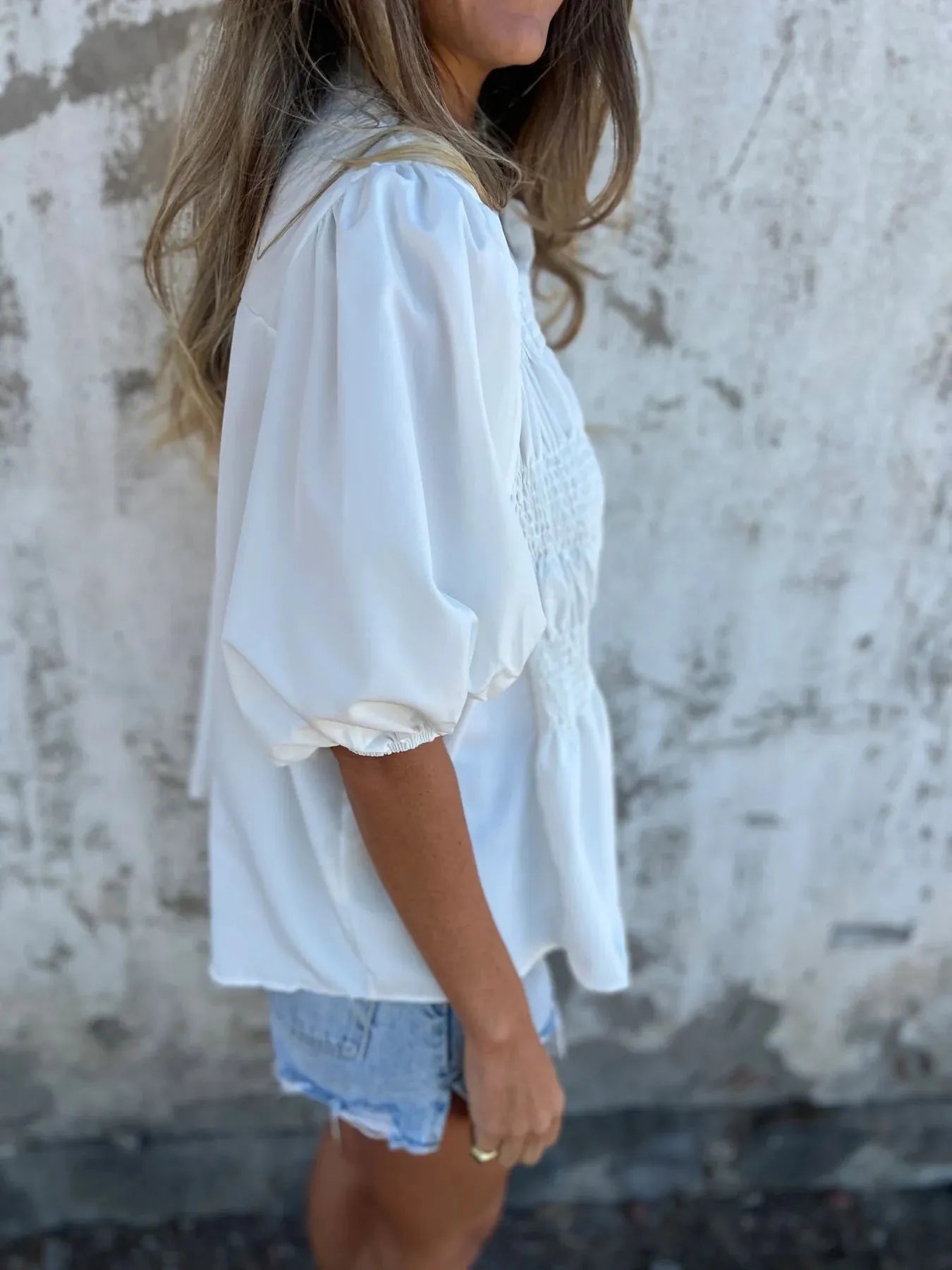 Full Size Smocked Button Front Puff Sleeve Shirt Plus Size