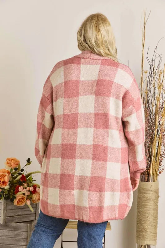 ADORA Full Size Checker Sweater Cardigan Plus Size