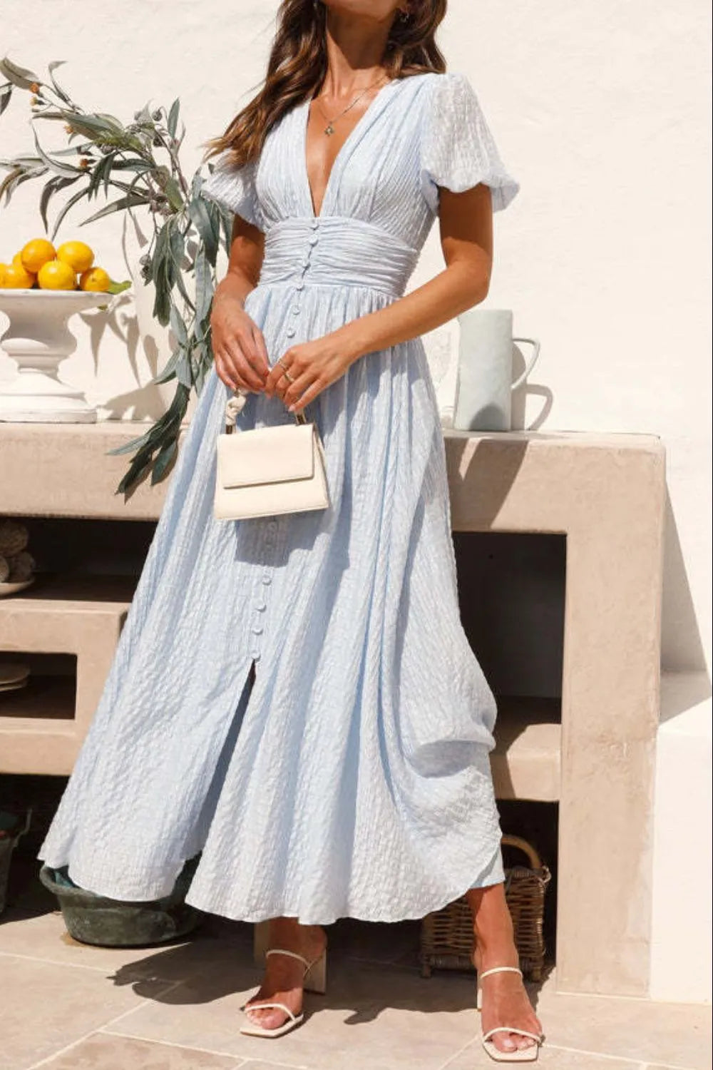 V-Neck Puff Short Sleeve Midi Dress Light Blue