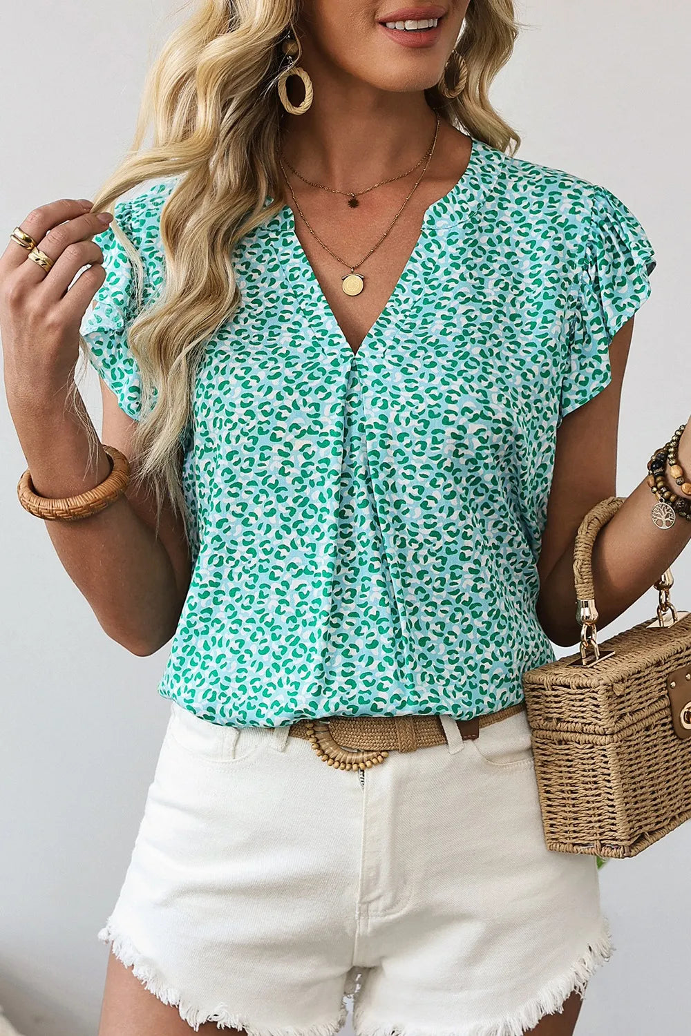 Notched Leopard Ruffle Short Sleeve Blouse