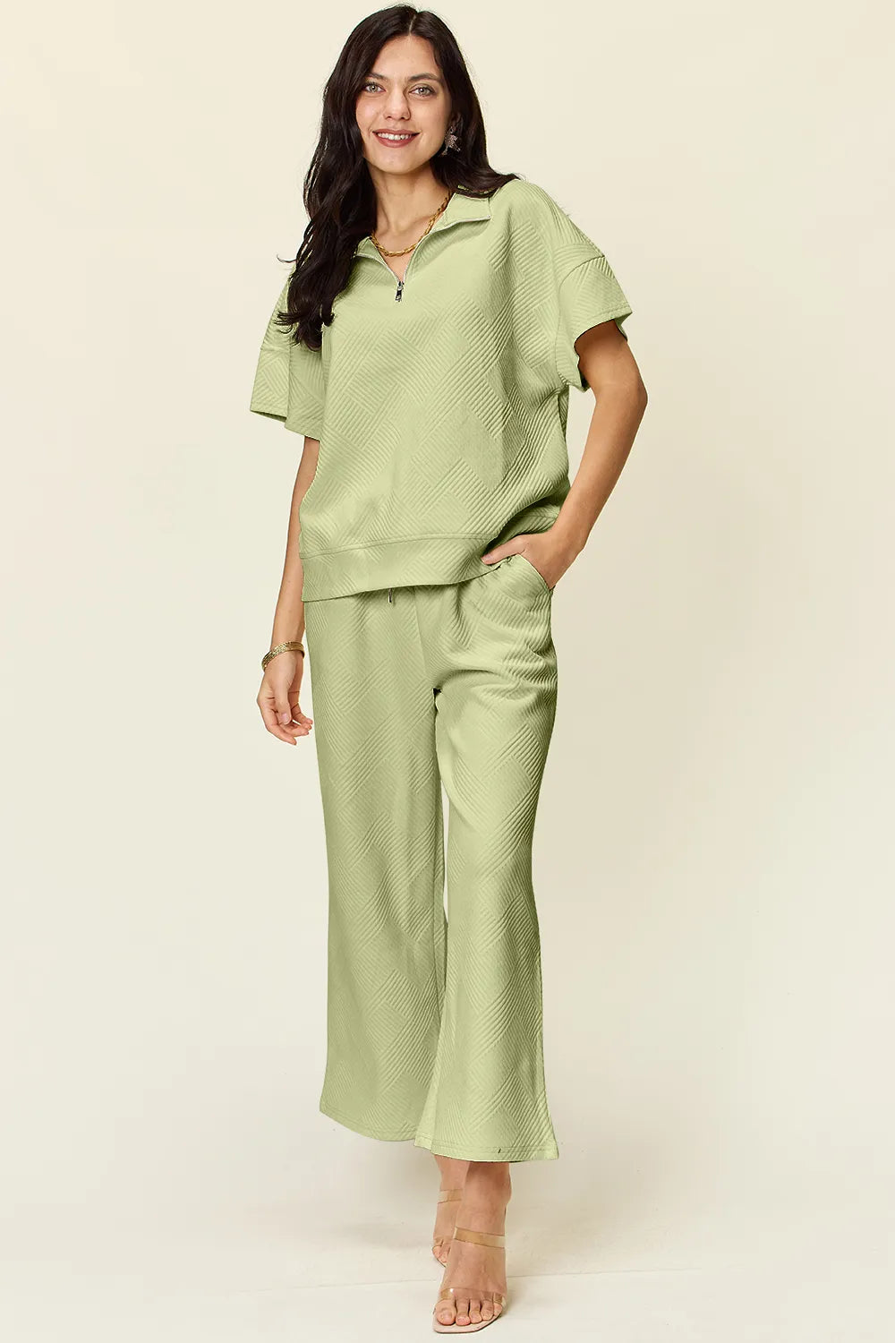 Double Take Full Size Texture Half Zip Short Sleeve Top and Pants Set Mist Green