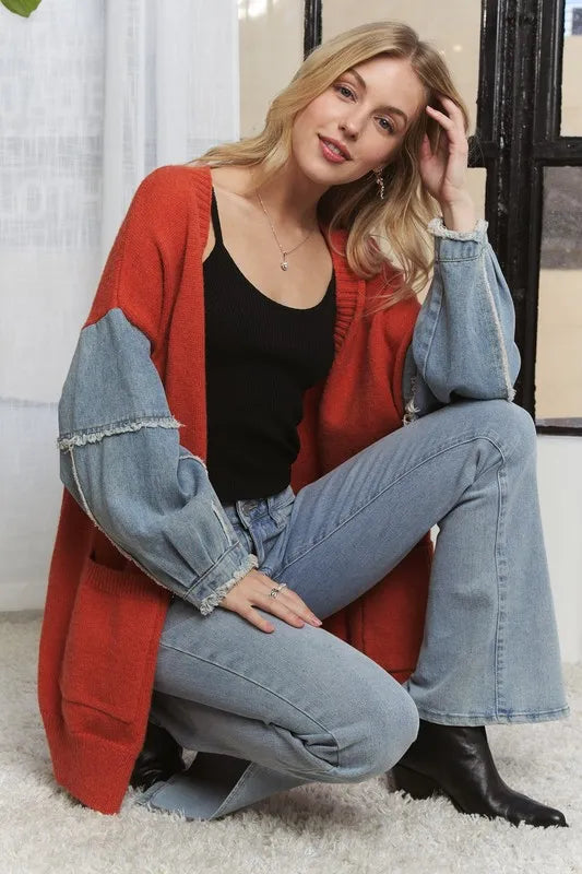 ADORA Full Size Frayed Denim Sleeve Sweater Cardigan Plus Size