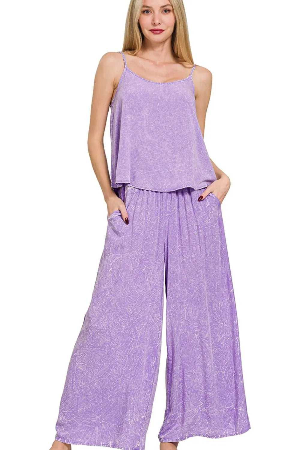 Zenana Woven Acid Crinkle Washed Cami & Pants 2 Piece Set LAVENDER