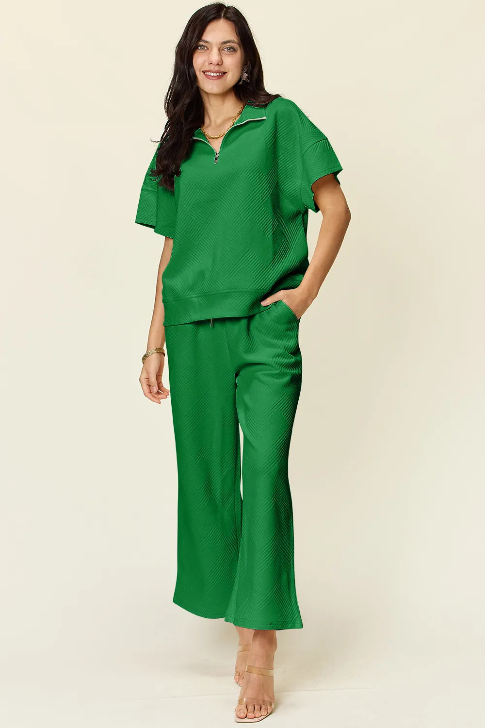 Double Take Full Size Texture Half Zip Short Sleeve Top and Pants Set Green