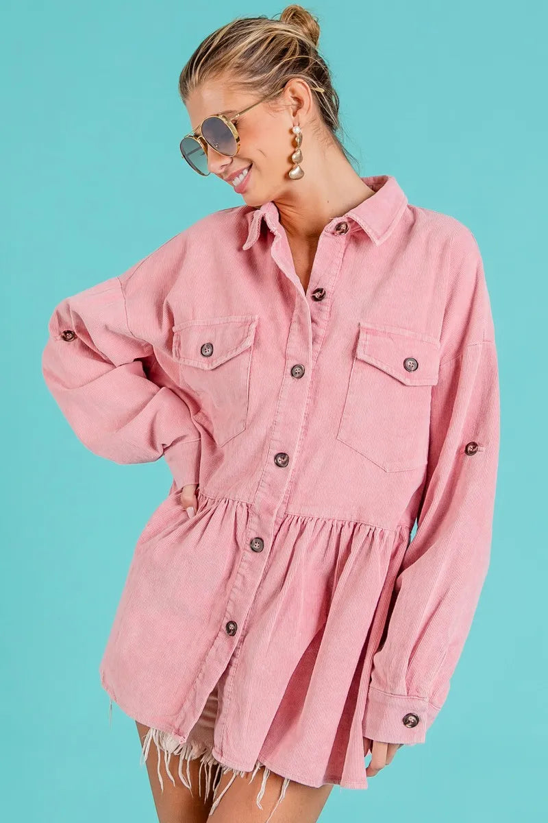 BiBi Corduroy Ruffle Peplum Button Up Shirt
