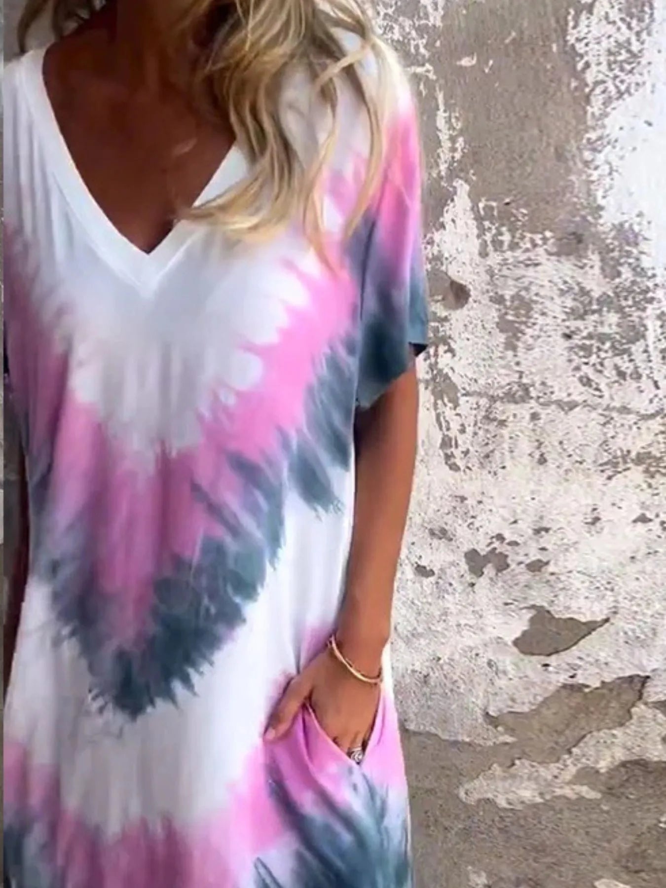 Full Size Tie-Dye V-Neck Midi Dress with Pockets Plus Size