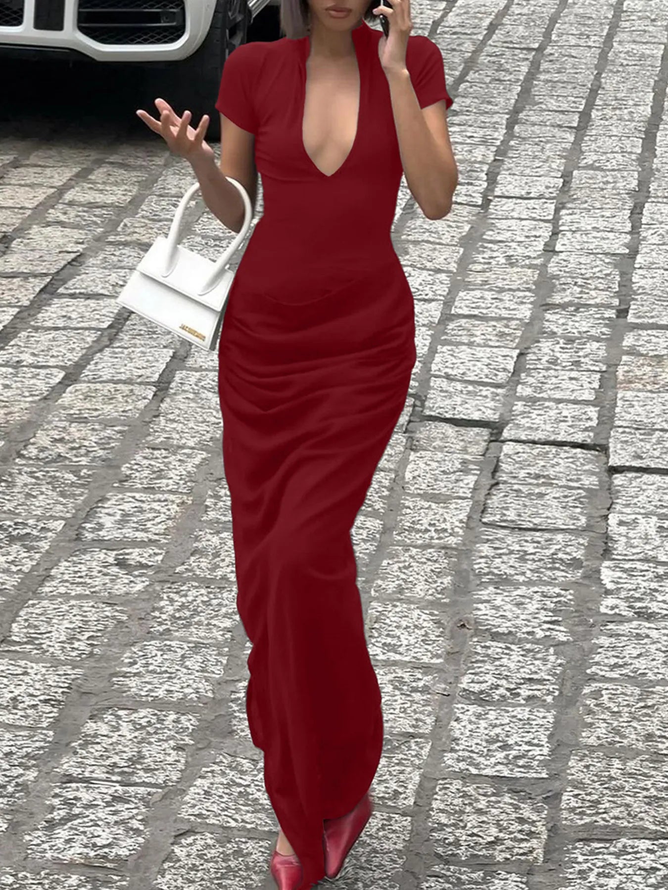 Side Slit Short Sleeve Maxi Dress Burgundy