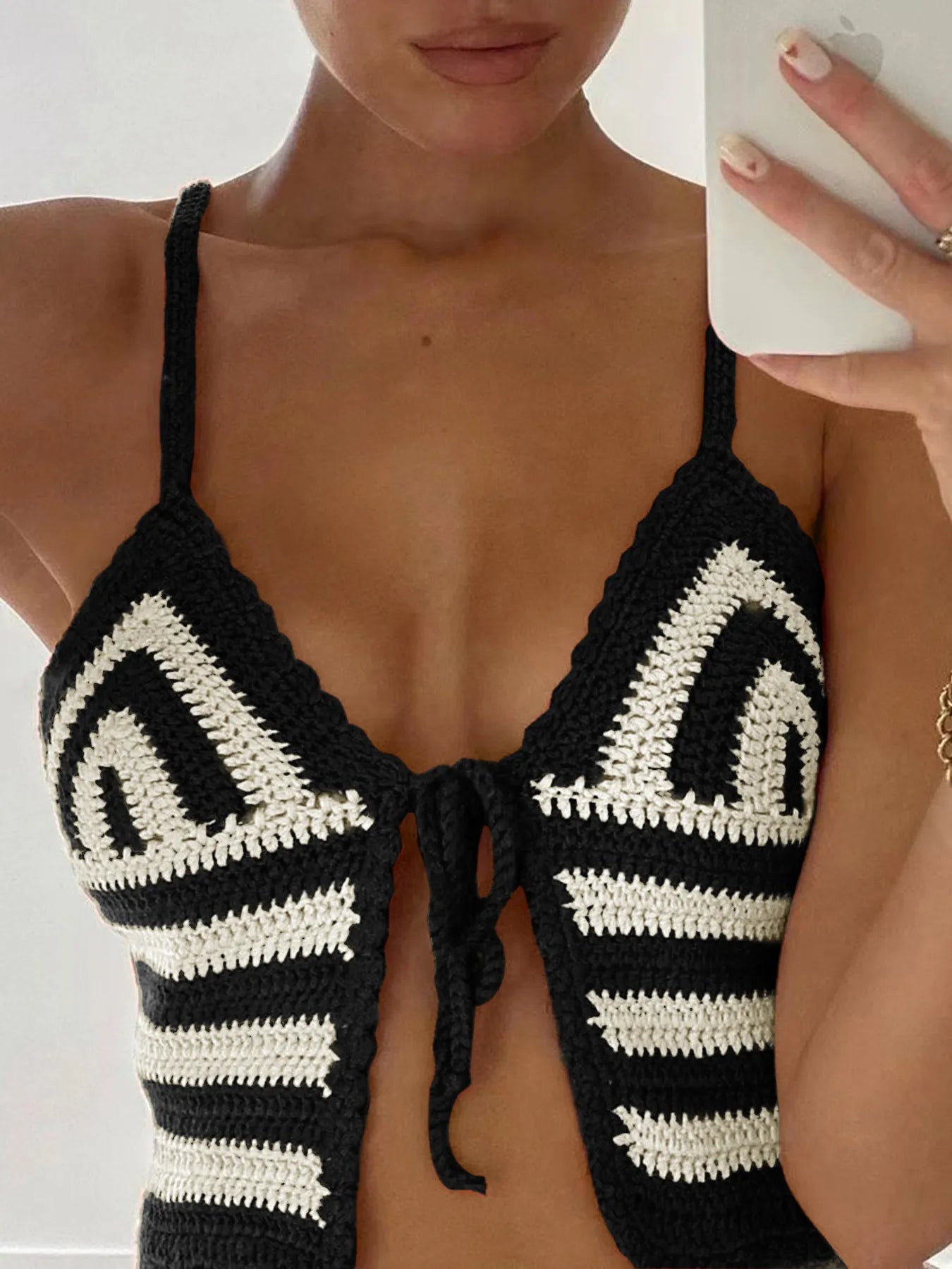Crochet Tie Front Striped Knit Cami