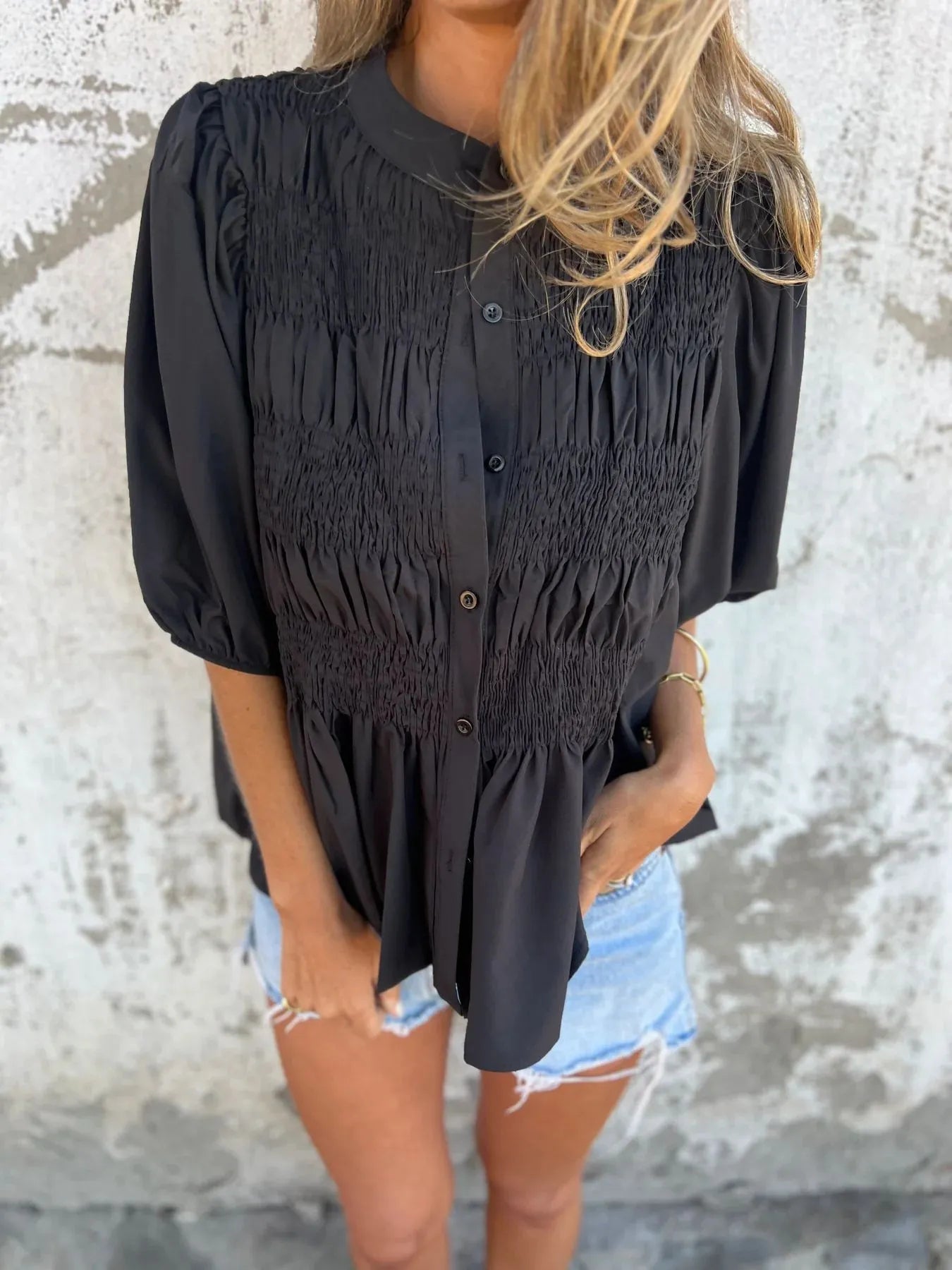 Full Size Smocked Button Front Puff Sleeve Shirt Plus Size