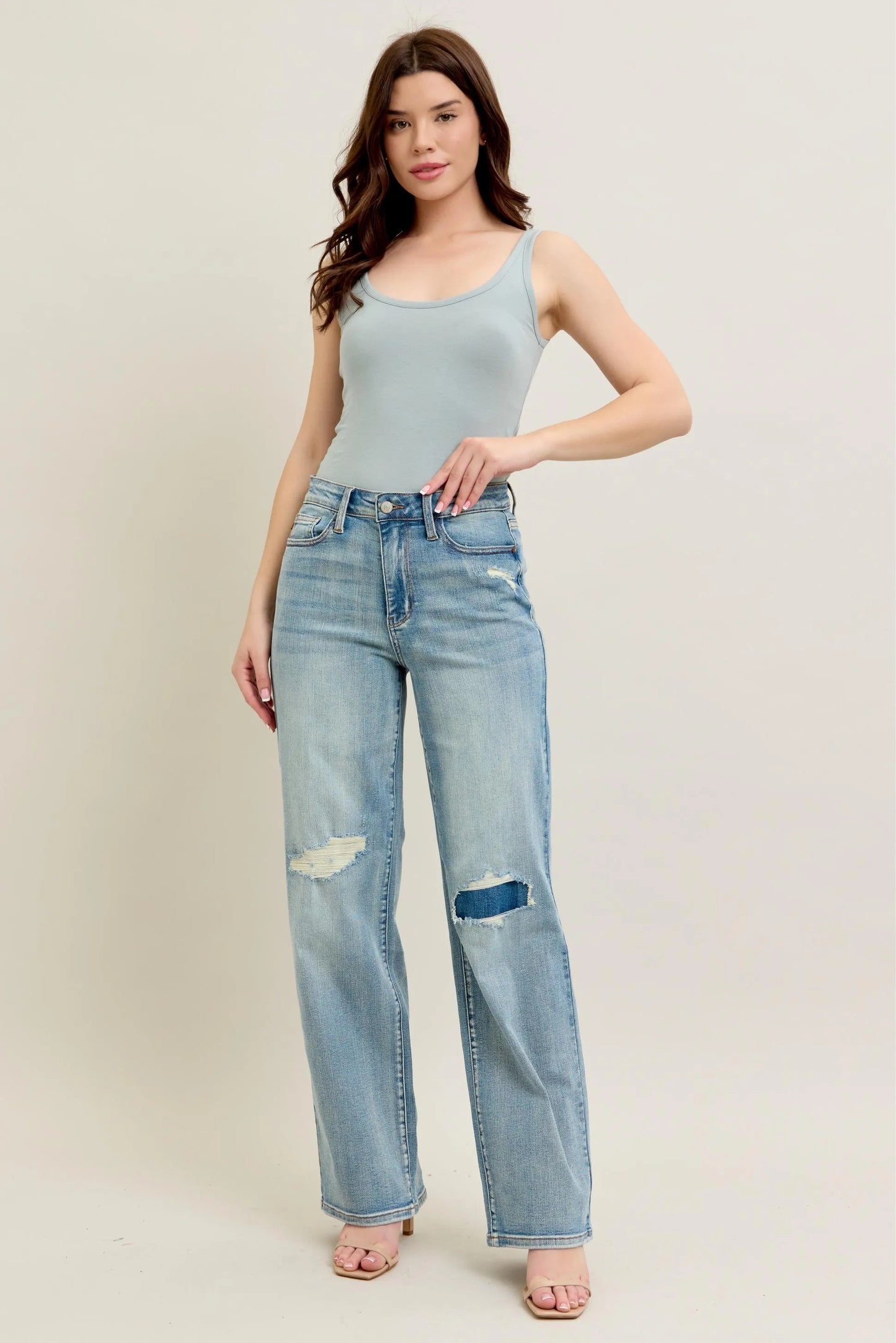 Judy Blue Full Size Hw Destroy & Knee Patch Straight Jeans Plus Size