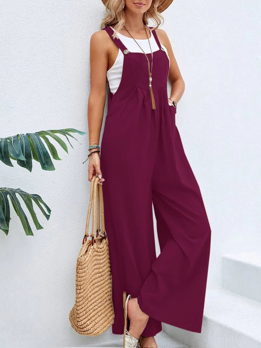 Full Size Square Neck Wide Strap Overalls Burgundy