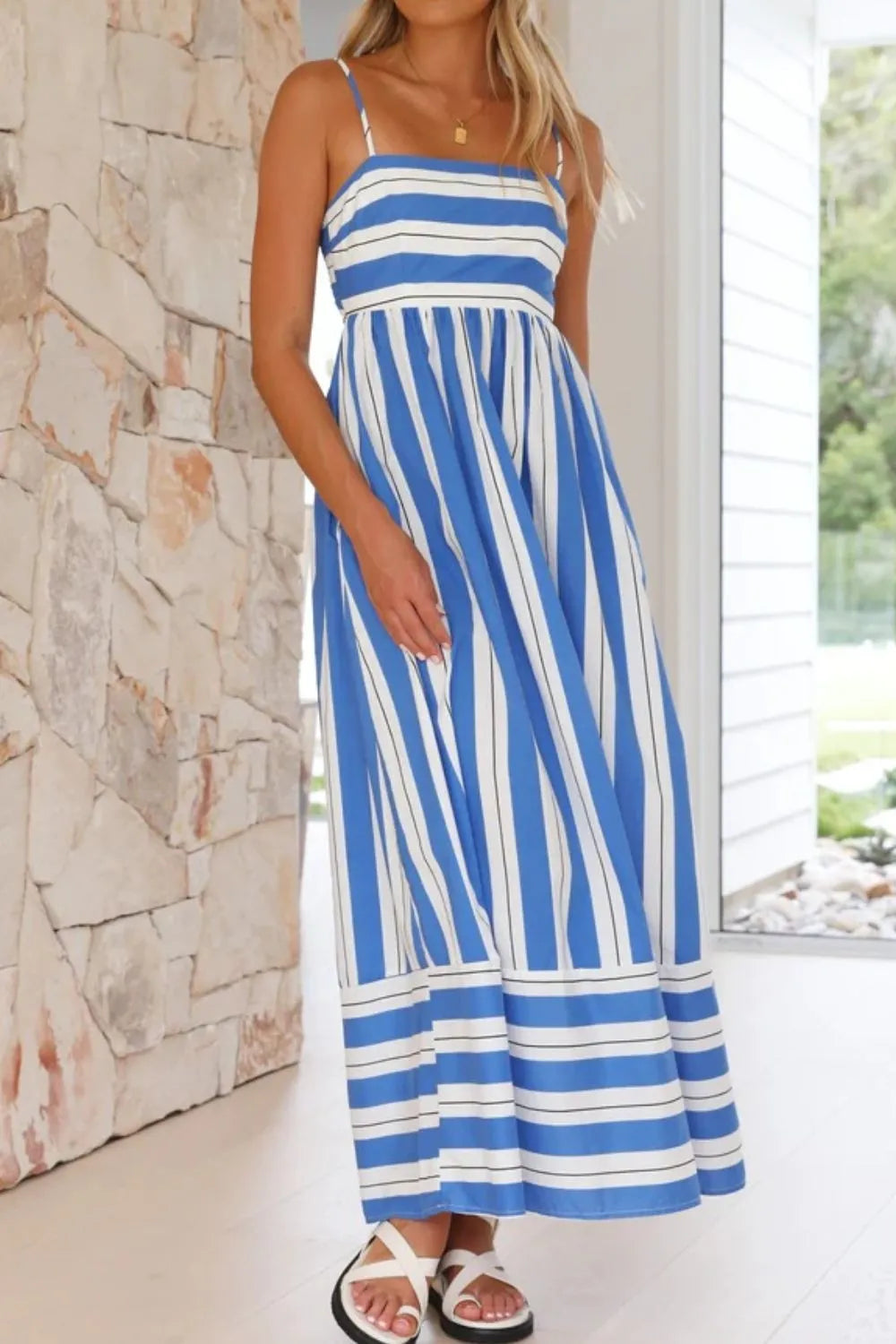Striped Square Neck Cami Dress Blue