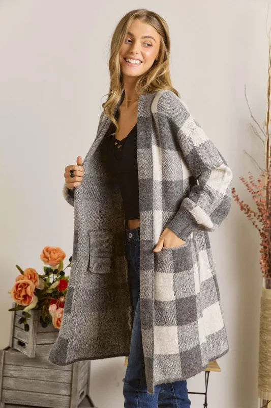 ADORA Full Size Checker Sweater Cardigan Plus Size