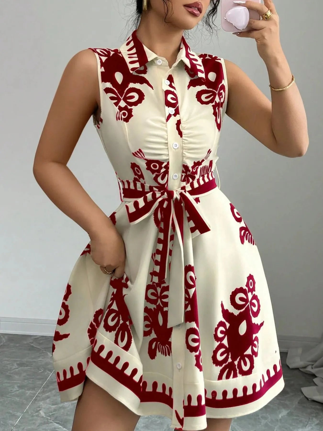 Printed Sleeveless Tie Waist Mini Dress