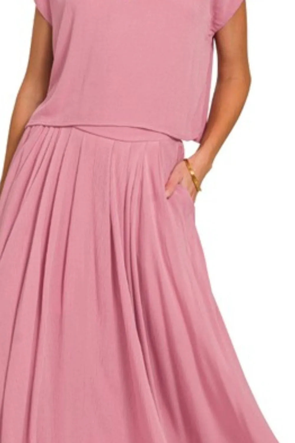 Zenana Woven Crinkle Gauze Crop Tee and Skirt Set