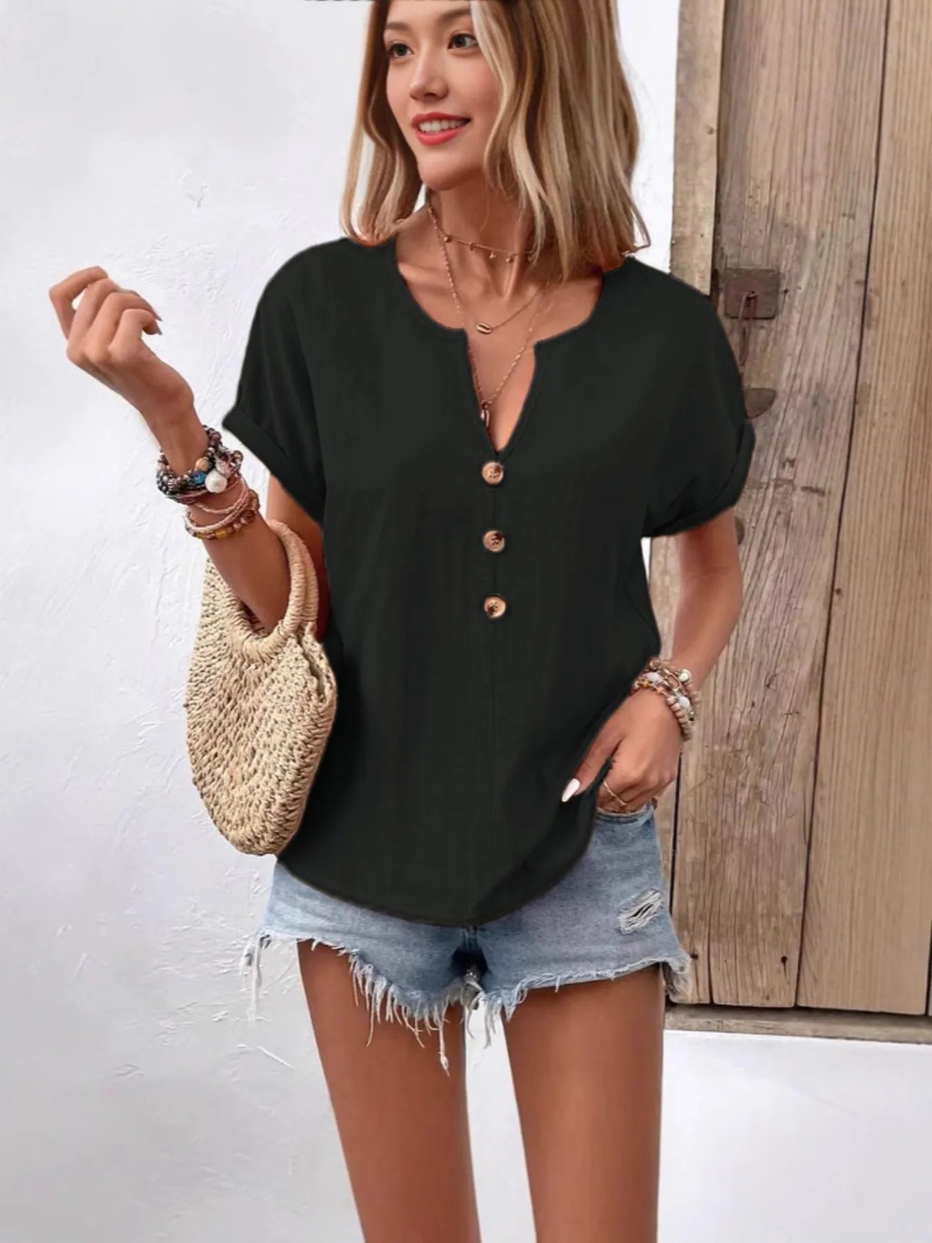 Full Size Notched Short Sleeve Top Plus Size