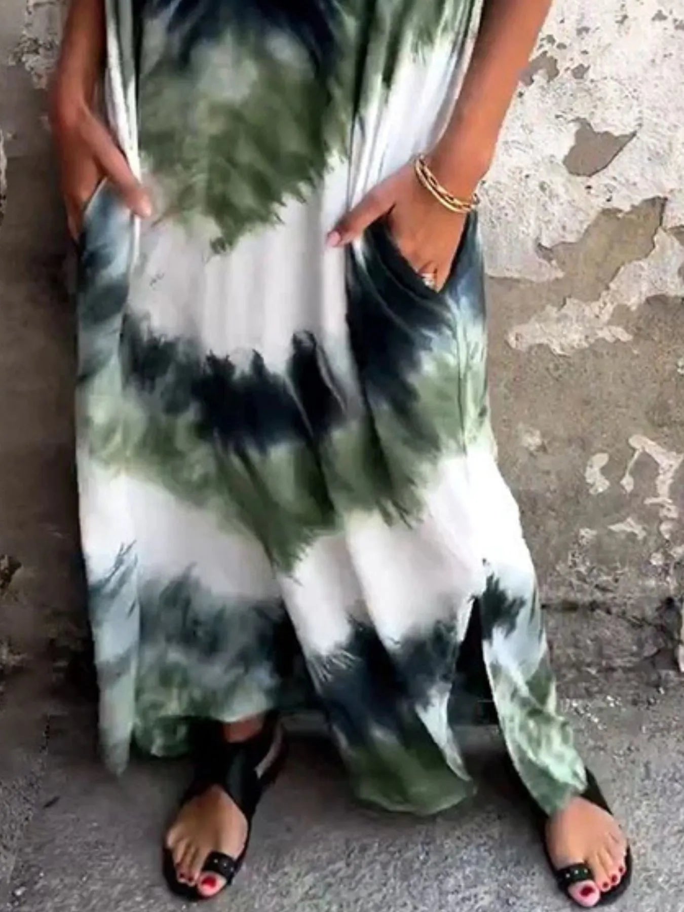 Full Size Tie-Dye V-Neck Midi Dress with Pockets Plus Size