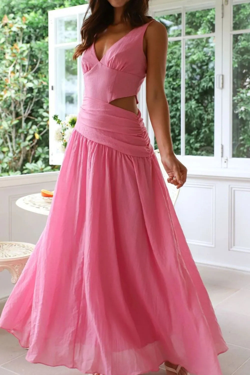 Cutout Back V-Neck Dress Pink