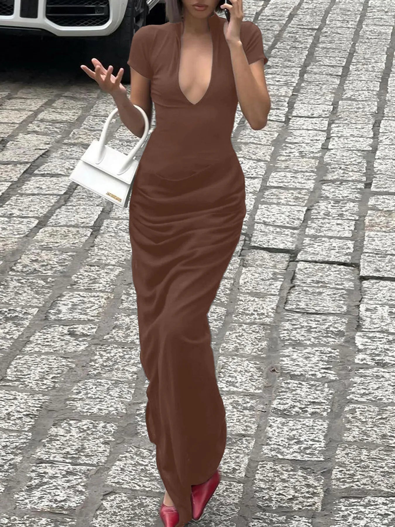 Side Slit Short Sleeve Maxi Dress Brown