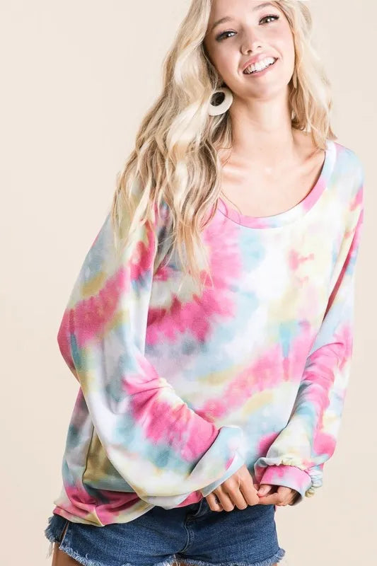 BiBi Tie Dye Print Terry Top With Puff Sleeves