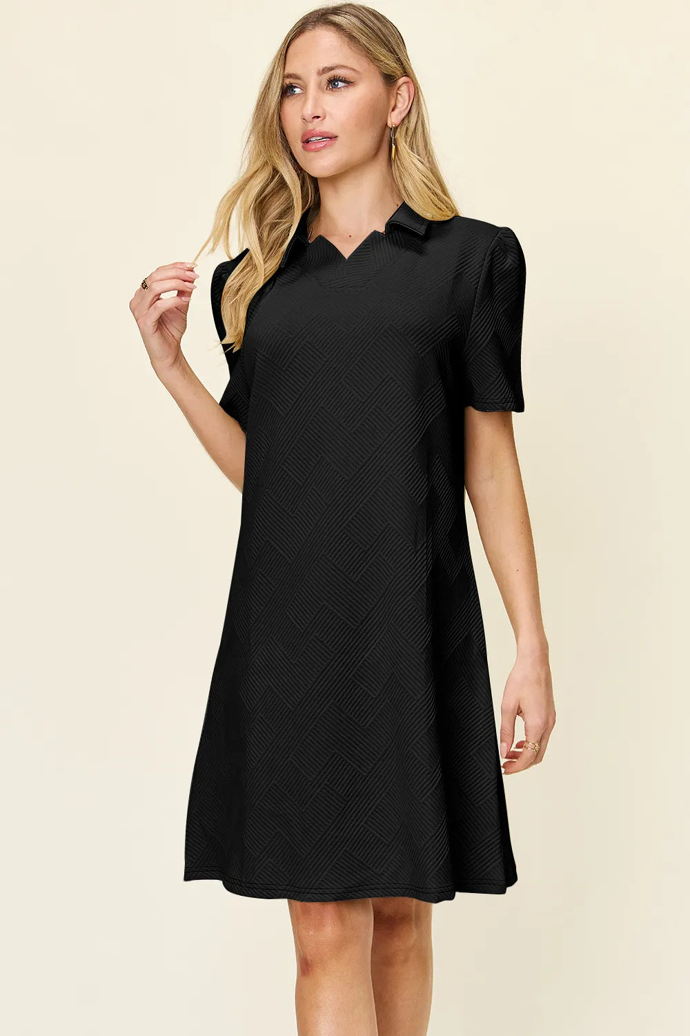Double Take Full Size Texture Collared Neck Short Sleeve Dress Black