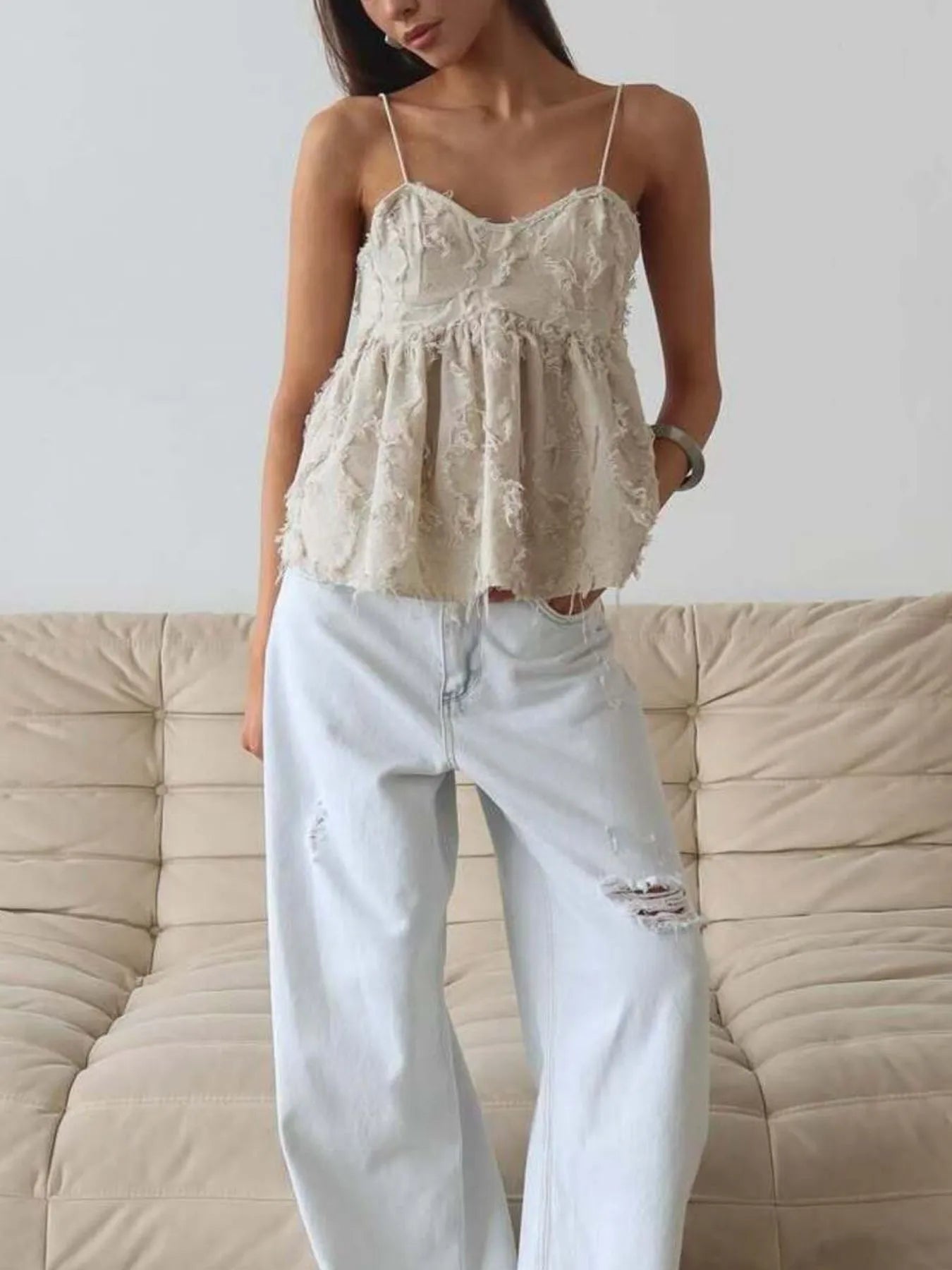 Backless Fringe Cropped Babydoll Cami