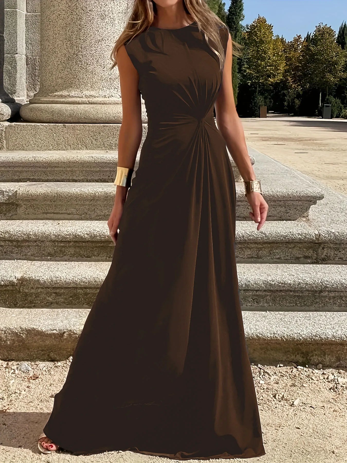 Round Neck Sleeveless Maxi Dress Brown