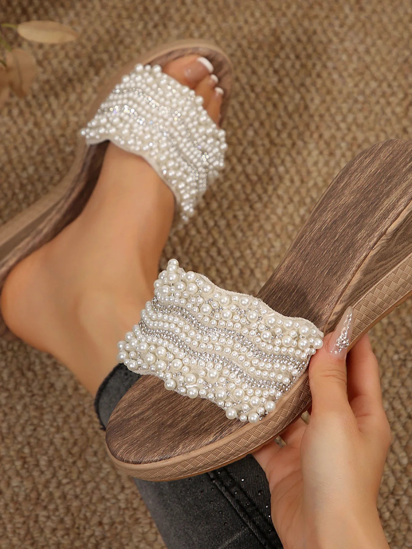 Pearl Embellished Wedge Sandals