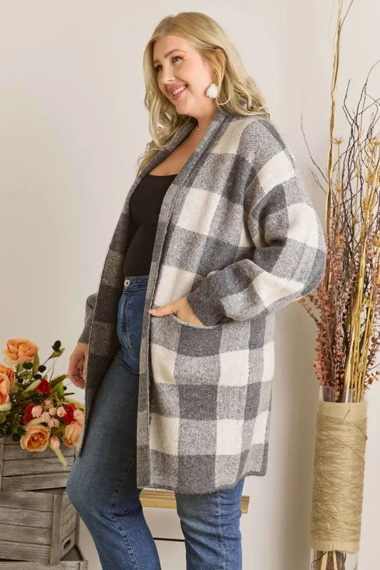 ADORA Full Size Checker Sweater Cardigan Plus Size