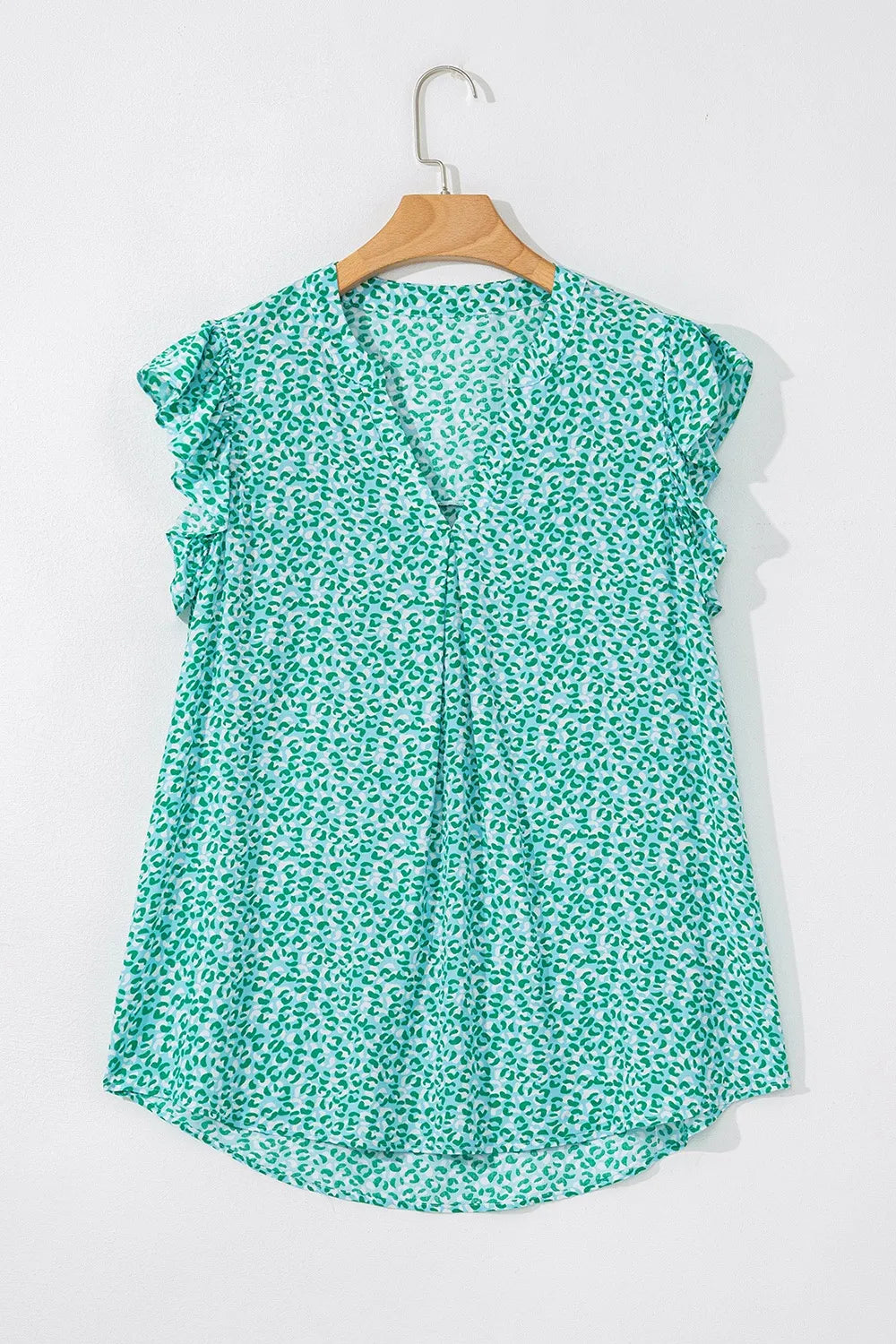 Notched Leopard Ruffle Short Sleeve Blouse