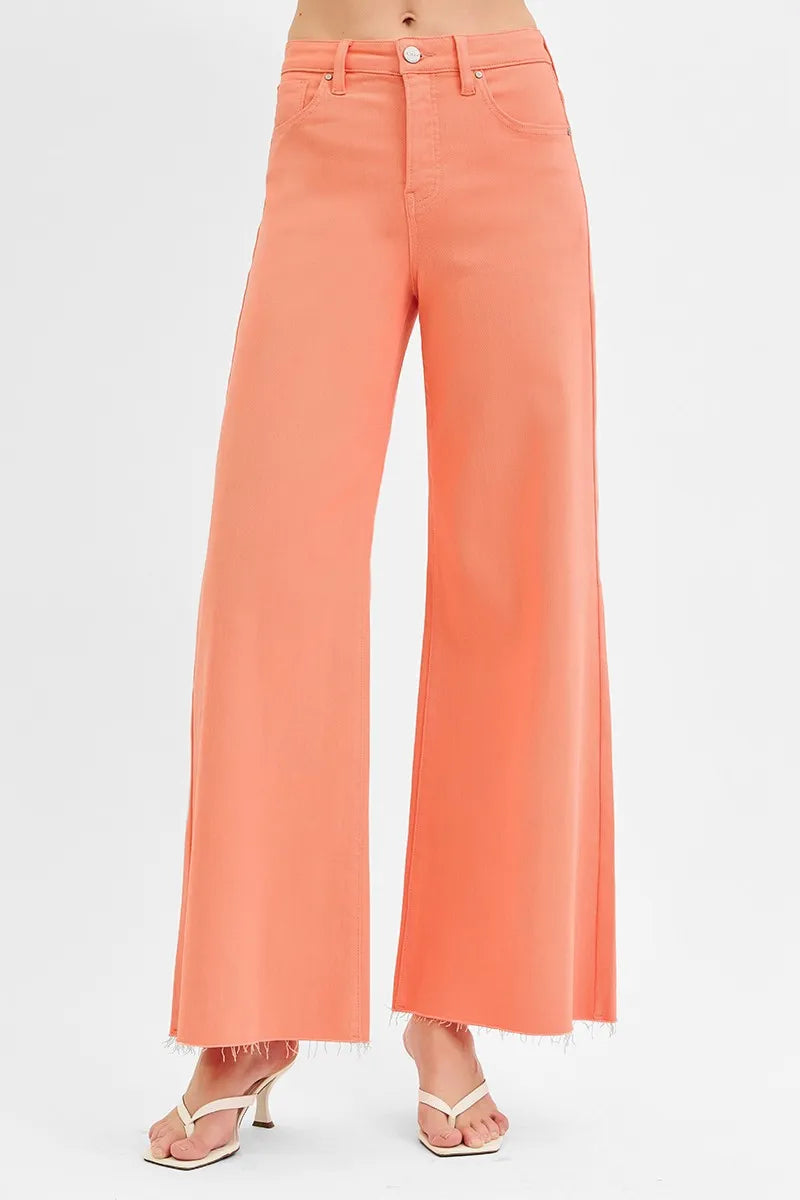RISEN Full Size Tummy Control High Rise Wide Leg Palazzo Jeans Plus Size CORAL PEACH