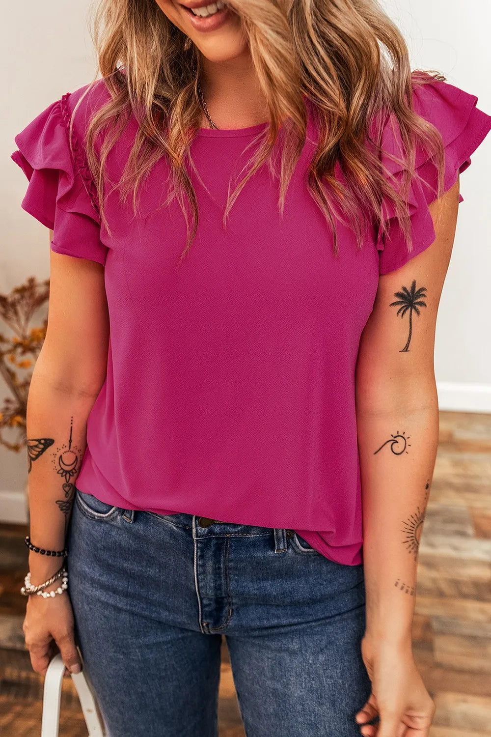 Short Ruffle Sleeve Round Neck Blouse