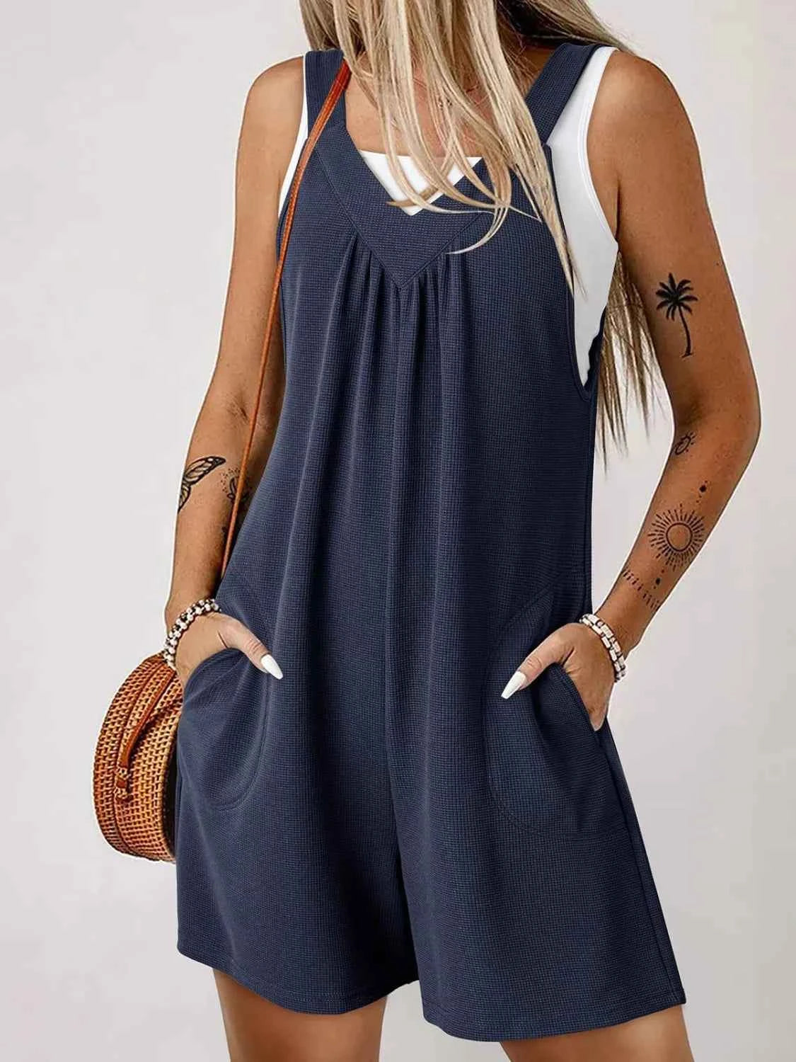 V-Neck Wide Strap Romper Dark Blue