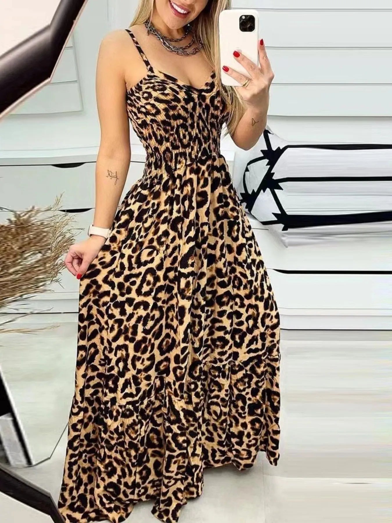Full Size Leopard Print Spaghetti Strap Maxi Dress Plus Size Tan