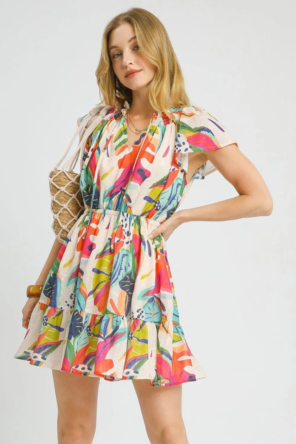 Umgee Printed Tie Neck Ruffled Hem Dress Orange