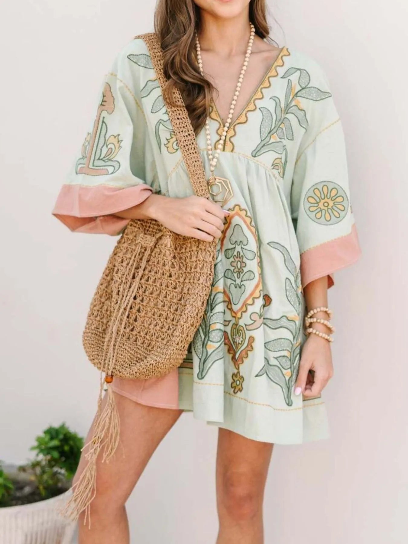 Printed V-Neck Kimono Sleeve Mini Dress Sage